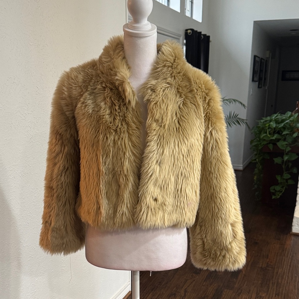 Janie and Jack Faux Fur Teddy Cropped Jacket - Tan, 10/12